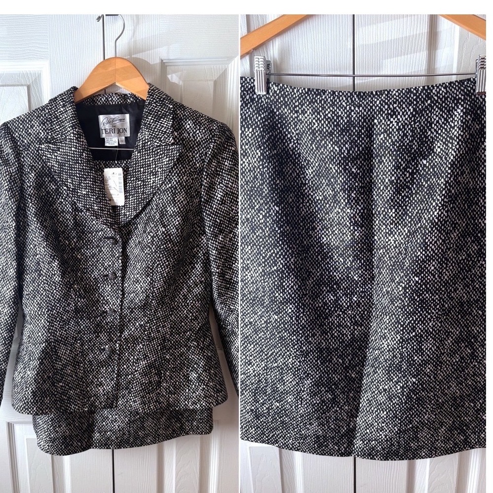 🆕VTG Rickie Freeman Teri Jon Black White Abstract Dot Silk Wool Skirt Suit 12